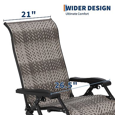 Modern Rattan Outdoor Folding Lounge Chair, Breathable Fabric Seat Adjustable Recliner