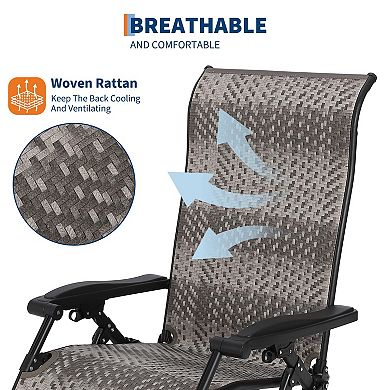 Modern Rattan Outdoor Folding Lounge Chair, Breathable Fabric Seat Adjustable Recliner