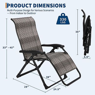 Modern Rattan Outdoor Folding Lounge Chair, Breathable Fabric Seat Adjustable Recliner