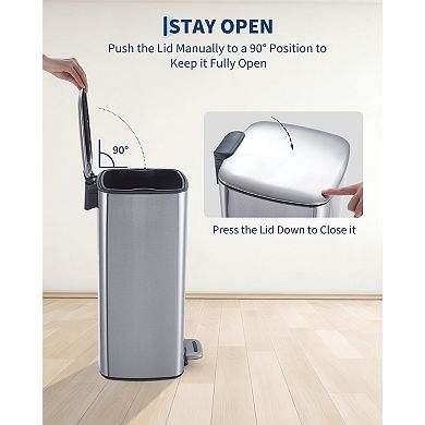 8 Gallon Stainless Steel Trash Can with Lid and Inner Bucket, Step-On Square Waste Bin, 30 Liter