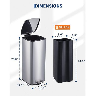 8 Gallon Stainless Steel Trash Can with Lid and Inner Bucket, Step-On Square Waste Bin, 30 Liter