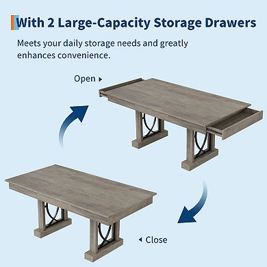 Wooden Farmhouse Dining Table for 6-8, 71" Long, 2 Drawers, Thick Top, Sturdy Frame