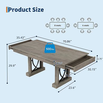 Wooden Farmhouse Dining Table for 6-8, 71" Long, 2 Drawers, Thick Top, Sturdy Frame