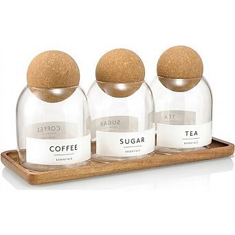 3-Pack Glass Jars with Cork Lids and Acacia Tray for Kitchen or Bathroom