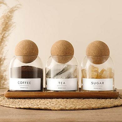 3-Pack Glass Jars with Cork Lids and Acacia Tray for Kitchen or Bathroom