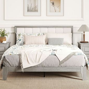 Queen size platform bed frame with wooden strips without spring mattress
