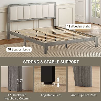 Queen size platform bed frame with wooden strips without spring mattress
