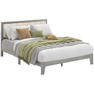 Queen size platform bed frame with wooden strips without spring mattress