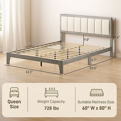 Queen size platform bed frame with wooden strips without spring mattress