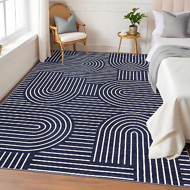 Machine Washable Modern Area Rug, Non-Slip Low Pile Geometric Carpet for Bedroom, Nursery, Dorm