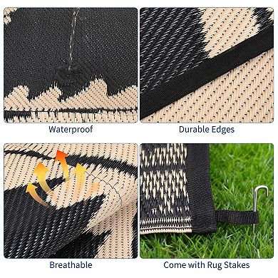 Reversible Waterproof Outdoor Rug, Palm Plastic Patio Mat with Carry Bag Stake for RV Camping Beach