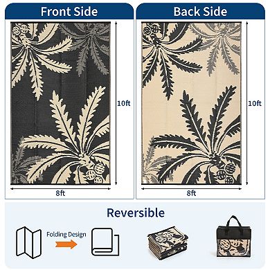 Reversible Waterproof Outdoor Rug, Palm Plastic Patio Mat with Carry Bag Stake for RV Camping Beach
