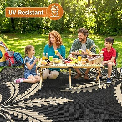 Reversible Waterproof Outdoor Rug, Palm Plastic Patio Mat with Carry Bag Stake for RV Camping Beach