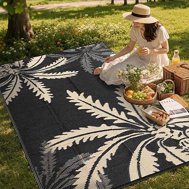 Reversible Waterproof Outdoor Rug, Palm Plastic Patio Mat with Carry Bag Stake for RV Camping Beach