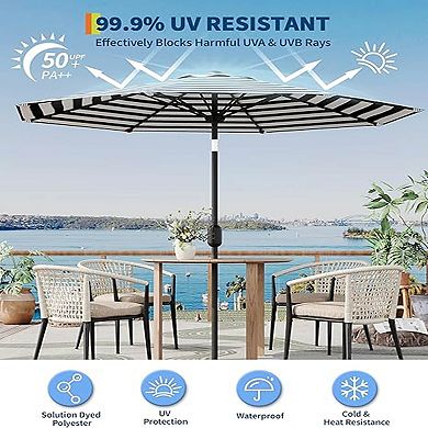 9Ft Outdoor Table Umbrella with 8 Sturdy Ribs Crank Lift Striped Style