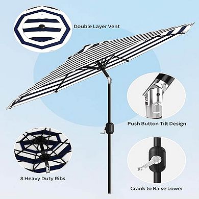 9Ft Outdoor Table Umbrella with 8 Sturdy Ribs Crank Lift Striped Style