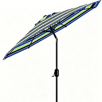 9Ft Outdoor Table Umbrella with 8 Sturdy Ribs Crank Lift Striped Style