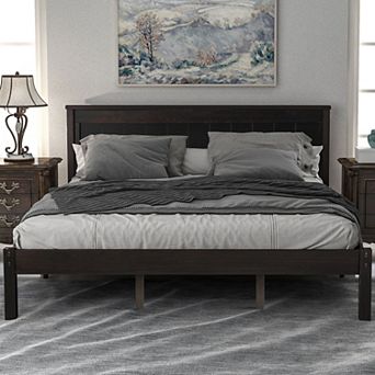 Platform bed frame with headboard, wooden support, no spring mattress