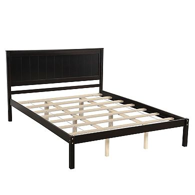 Platform bed frame with headboard, wooden support, no spring mattress