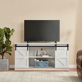 58" TV Stand and Entertainment Center,with Sliding Doors and Cabinets,White