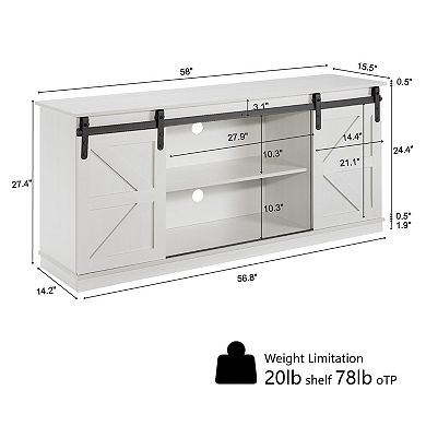 58" TV Stand and Entertainment Center,with Sliding Doors and Cabinets,White