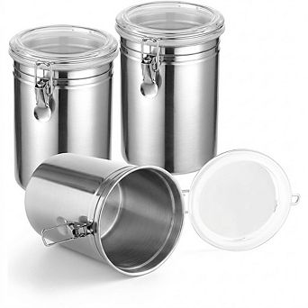 Airtight Stainless Steel Canister Set with Clear Clamp Lids, 3 Pack
