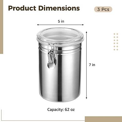 Airtight Stainless Steel Canister Set with Clear Clamp Lids, 3 Pack