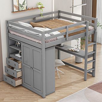 Grey wooden full-size loft bed with built-in wardrobe, desk, shelving, and drawers