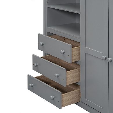 Grey wooden full-size loft bed with built-in wardrobe, desk, shelving, and drawers