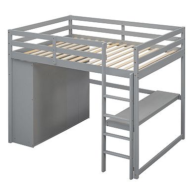 Grey wooden full-size loft bed with built-in wardrobe, desk, shelving, and drawers