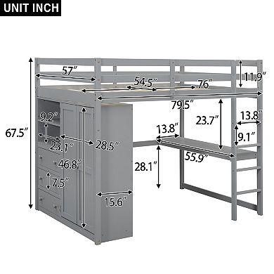Grey wooden full-size loft bed with built-in wardrobe, desk, shelving, and drawers