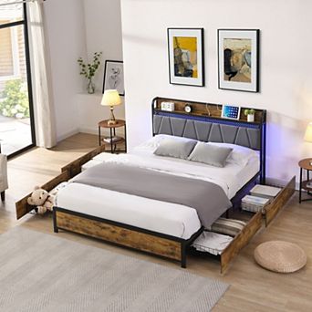 Full-size bed frame with storage headboard and LED lights.