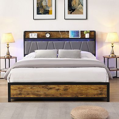 Full-size bed frame with storage headboard and LED lights.