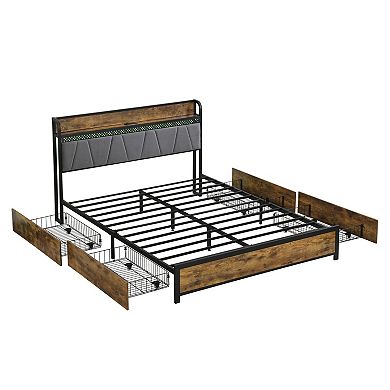 Full-size bed frame with storage headboard and LED lights.