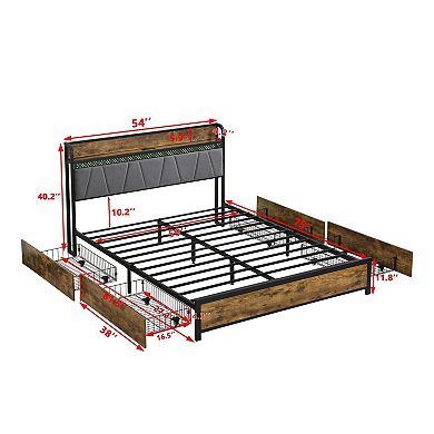 Full-size bed frame with storage headboard and LED lights.