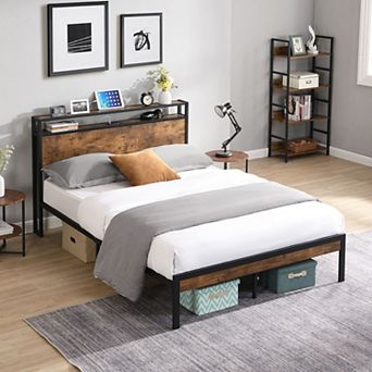 Full-size metal platform bed frame with wooden headboard and footboard
