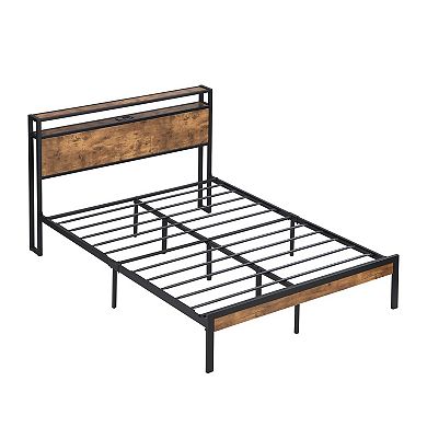 Full-size metal platform bed frame with wooden headboard and footboard