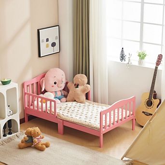 Single-tier vertical bed with side guardrails, pink