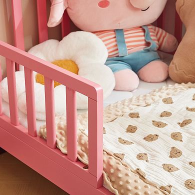 Single-tier vertical bed with side guardrails, pink