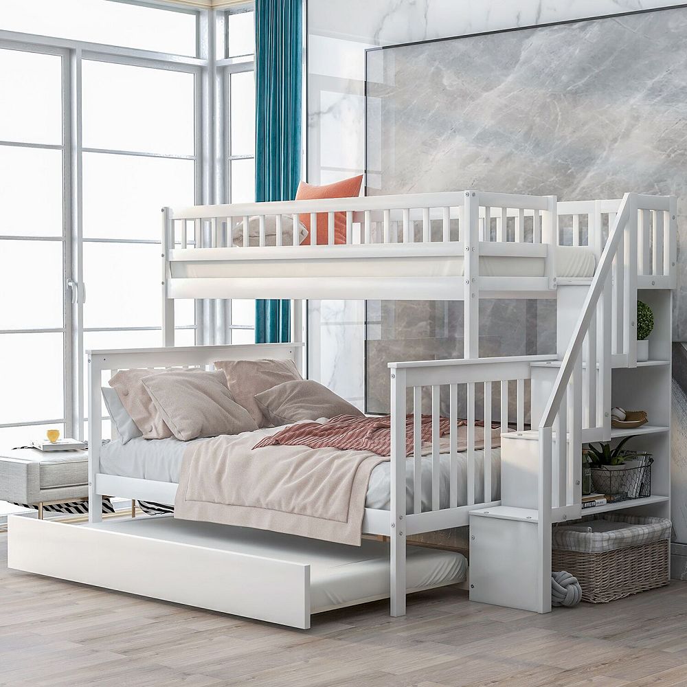 White Bunk Bed with Pull-out Bed and Stairs