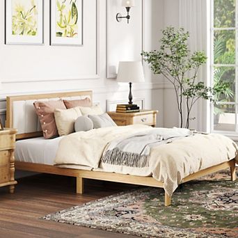 Queen-size platform bed frame with wooden slats, no box spring required