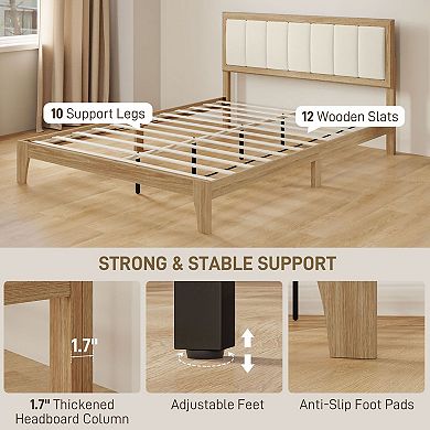 Queen-size platform bed frame with wooden slats, no box spring required