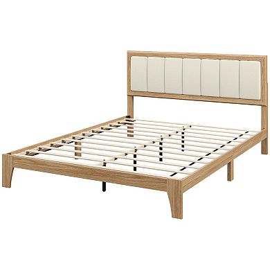 Queen-size platform bed frame with wooden slats, no box spring required