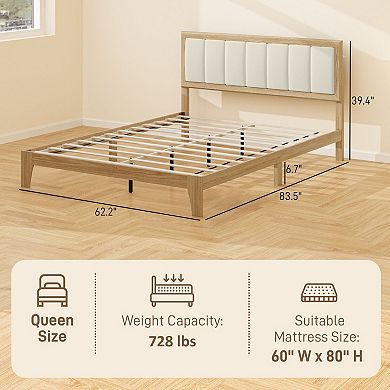Queen-size platform bed frame with wooden slats, no box spring required