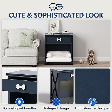 Cat Litter Box Enclosure with Drawer and Storage, Multi-functional Bedside Table with LED Light
