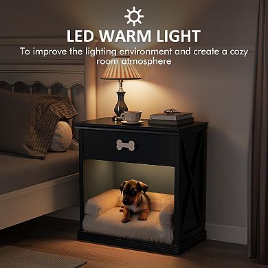 Cat Litter Box Enclosure with Drawer and Storage, Multi-functional Bedside Table with LED Light