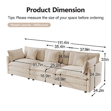 Modern Sofa Set of Three, Extra-Deep Seating Modular Sofa