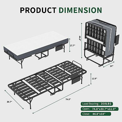 75-inch folding bed with adjustable headboard and 6-inch memory foam mattress