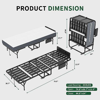 75-inch folding bed with adjustable headboard and 5-inch memory foam mattress