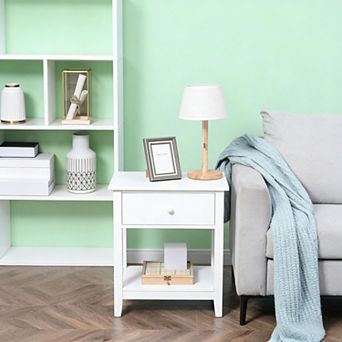 White End Table, 2 tier Side Table with Drawer and Storage Shelf